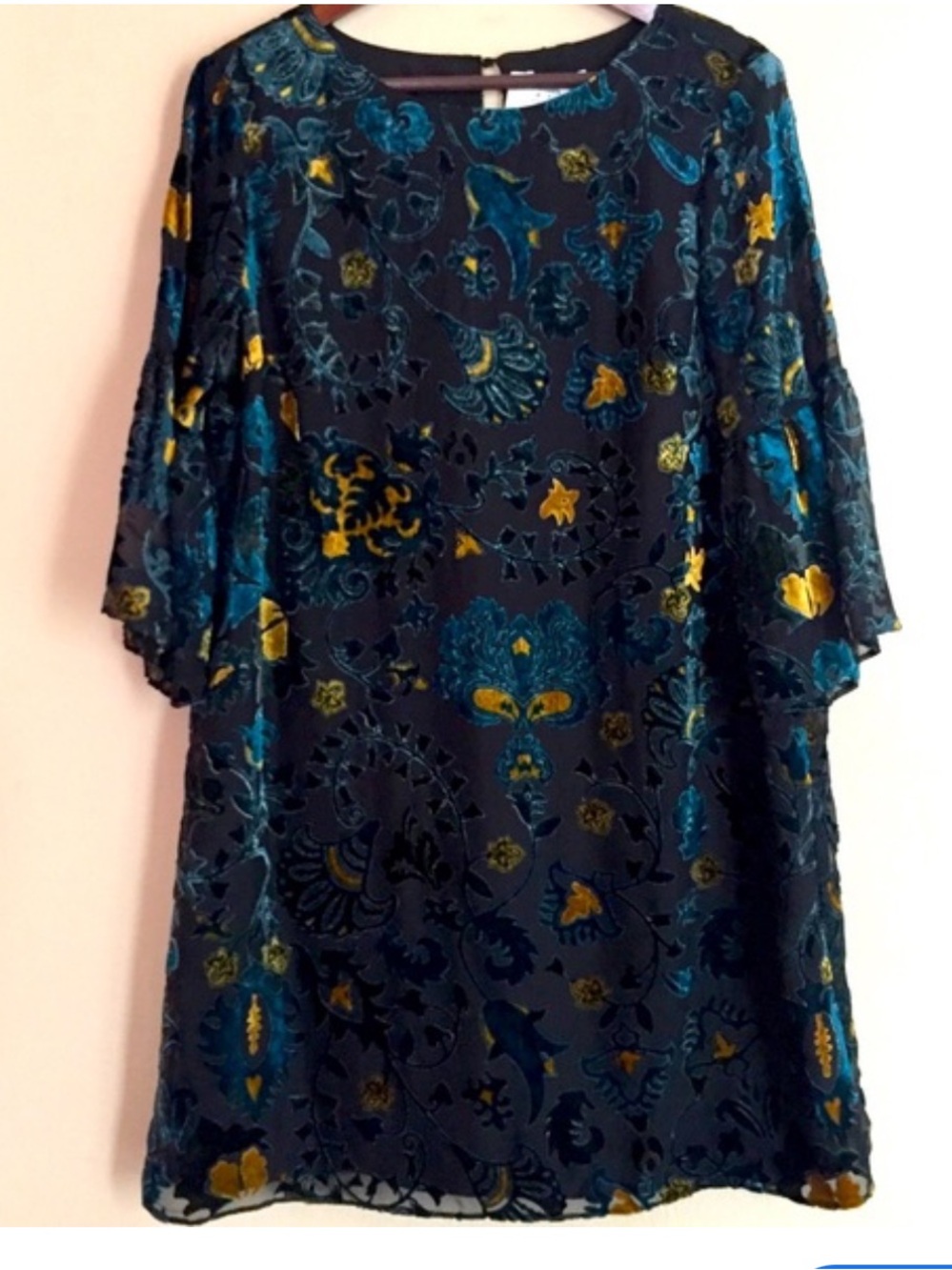 Carolina Belle Velvet Burnout Dark Floral BellSleeve ShiftDress 10 EUC Mini Boho